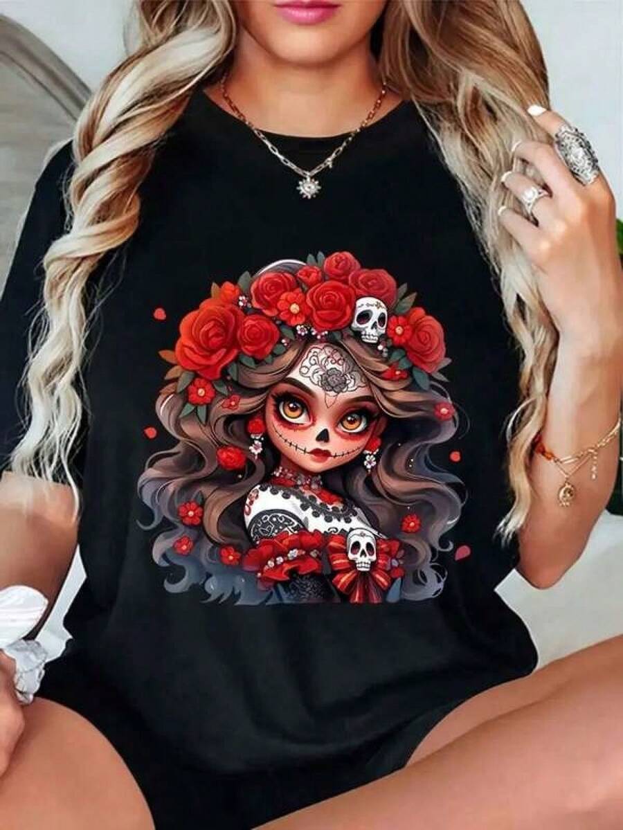 Camiseta mujer mexicana, Catrina con rosas rojas, patrón creativo, casual, 2025, manga corta redonda, algodón transpirable Mujer estilo casual estampado Calavera y flores ajuste holgado cuello redondo manga corta primavera verano uso diario camiseta 100% algodón, estilo Y2K Bababask - Negro - Ver 1