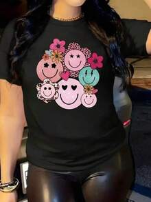 New 2026 Happy Face Print T-Shirt, The Happy Faces Are Colorful, Cotton Feel T-Shirt, With Bright Colors, Ideal For Daily Use, Modern, Loose, Round Neck, Short Sleeve, Ideal For The Whole Family. - 黑色 - 查看 6