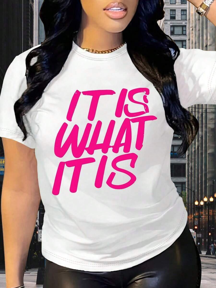 Women's Fashionable Casual Graphic T-Shirts - Funny "It Is What It Is" Print - Women's Summer Clothes, Short Sleeve Cotton Casual T-Shirt, Fashionable Women's Tops, Loose Summer T-Shirts, Daily Outfit, Suitable For Spring, Summer And Autumn. - 白色 - 查看 1