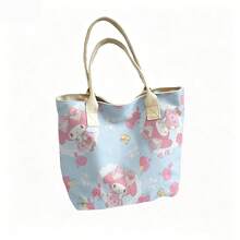 Miniso Sanrio My Melody 花卉蕾丝印花帆布手提包，浅蓝色单肩包，日常使用 - 黑色 - 查看 5