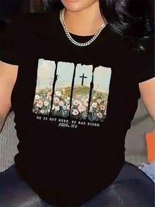 Camiseta de Mujer con Estampado Floral en Blanco y Negro y Frase Inspiradora - Poliéster Ligero y Resistente, Corte Cómodo, Cuello Redondo, Manga Corta, Ideal para Uso Casual, Decoración del Hogar o Regalo - Diseño Versátil para Todas las Temporadas, Camiseta Decorativa para el Hogar, Ropa Motivacional, Tela Resistenteblusas>bonito - Negro - Ver 7