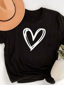Camisetas de manga corta para mujer - Camiseta negra minimalista con estampado de corazón y cuello color block, top casual de cuello redondo, blusa lavable a máquina para todas las estaciones para mujer y camisetas a juego.blusas>bonito - Negro - Ver 7