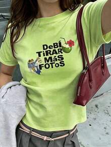 夏季新款圓領 DTMF 圖案修身正肩 T-shirt，度假旅行海灘穿搭 - 檸綠色 - 查看 1