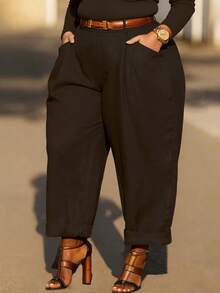 Plus Size Women Vintage Casual Solid Color Pleated Cone Pants, Spring/Summer (Belt Not Included) Black - Black - View 3