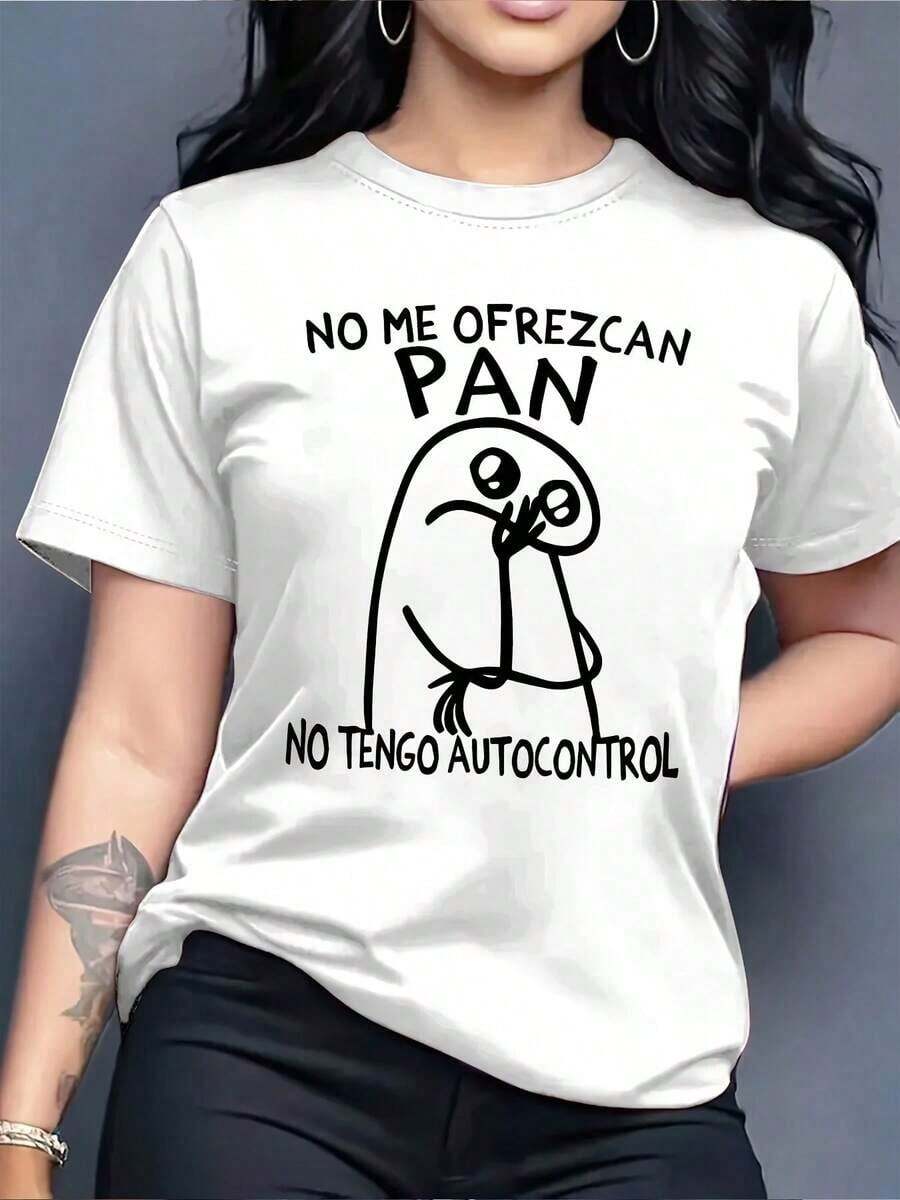 CasualWo T-Shirt With Funny Slogan In Spanish | "No Me Ofrezcan Pan" (Don't Take Away My Bread) And "No Tengo Control" (I Don't Speak Spanish) Bilingual Humor, Soft Round Neck, Short Sleeve, Loose Fit, Casual T-Shirt, White, For All Seasons, A Must-Have. - 白色 - 查看 1