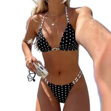 Nuevo bikini sexy de dos piezas con estampado de lunares para mujer, puro y seductor, estilo ins para vacaciones en la playa. - Lunares blancos y negros - Ver 5
