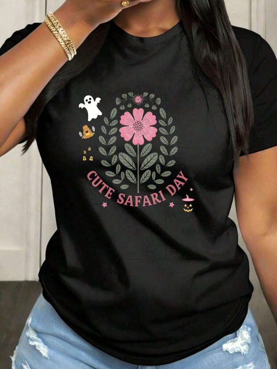 Women's Safari Day T-Shirt, Casual, Short Sleeve, Round Neck, With Medium Elasticity Fabric, Suitable For Spring, Summer And Autumn Casual Outfits, Machine Washable, Fun Design - Black - View 1