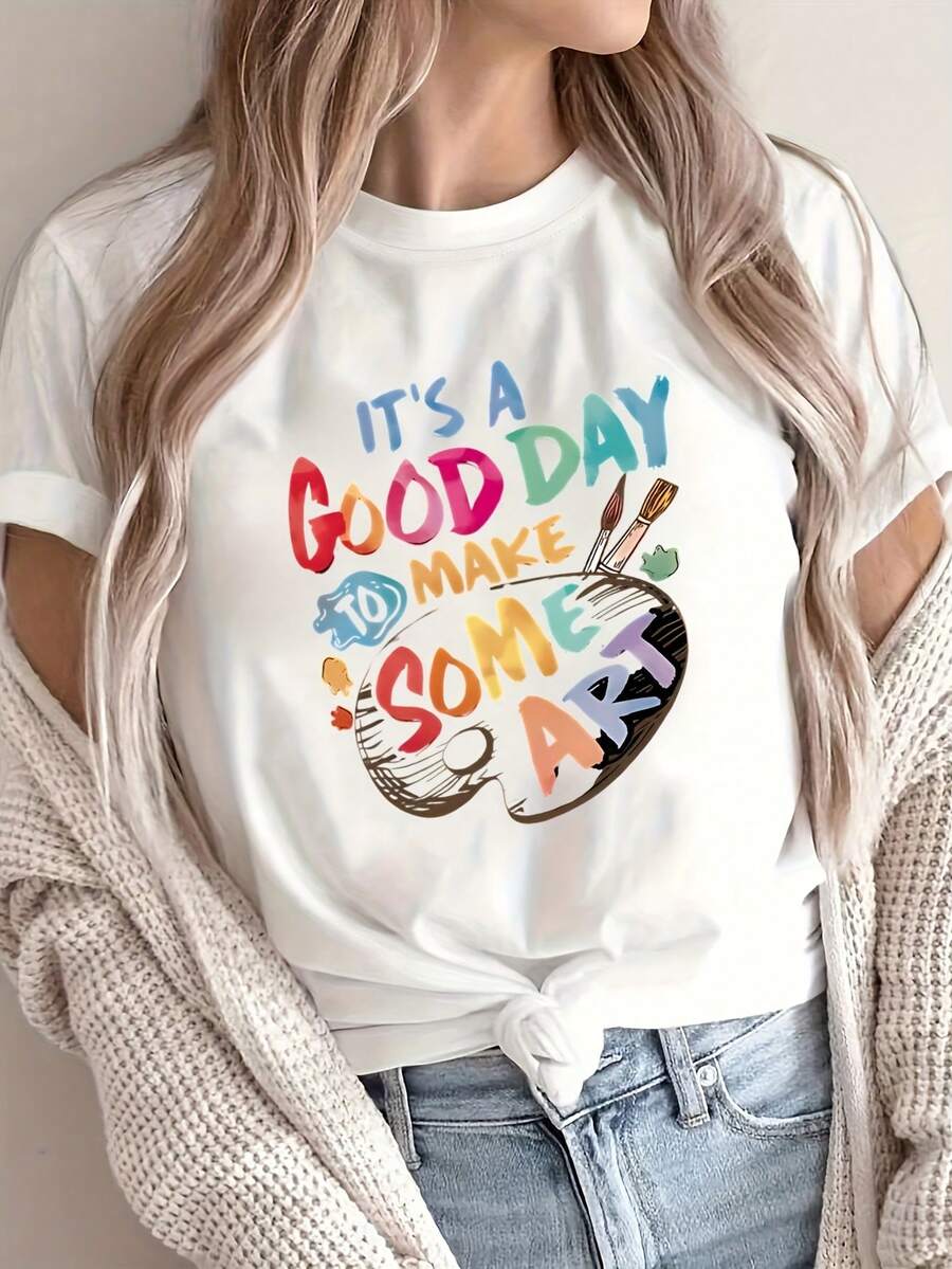 Edición Limitada, Sudadera de Manga Corta con Estampado Artístico, Estilo Casual y Moderno, Cuello Redondo para Mujer, Camiseta Ligera de Algodón - Blanco - Ver 1
