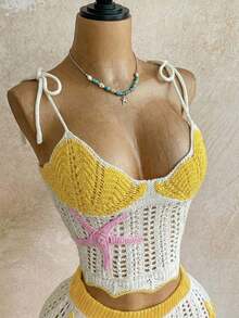 Conjunto de 2 piezas para mujer: Top de punto calado de color contrastante y falda mini con doble volante, adecuado para la playa, cruceros y festivales de música - amarillo ganso - Ver 3