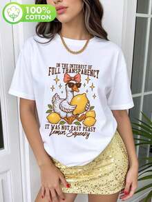 Camiseta de Algodón Puro para Mujer, Estilo Casual Holgado, con Estampado de Ganso Humorístico y Retro, Divertida y Satírica, Modelo Nuevo, Fresca para el Verano, Ecológica - Blanco - Ver 6
