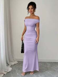Women's Fitted Party Dress With Off-The-Shoulder Design And Elegant Metallic Details - 軍綠色 - 查看 7