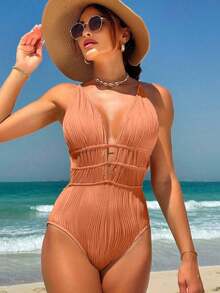 Traje de baño de una pieza con diseño de espalda descubierta, de unicolor, fashionable, para playa de verano, color blanco - Naranja - Ver 3
