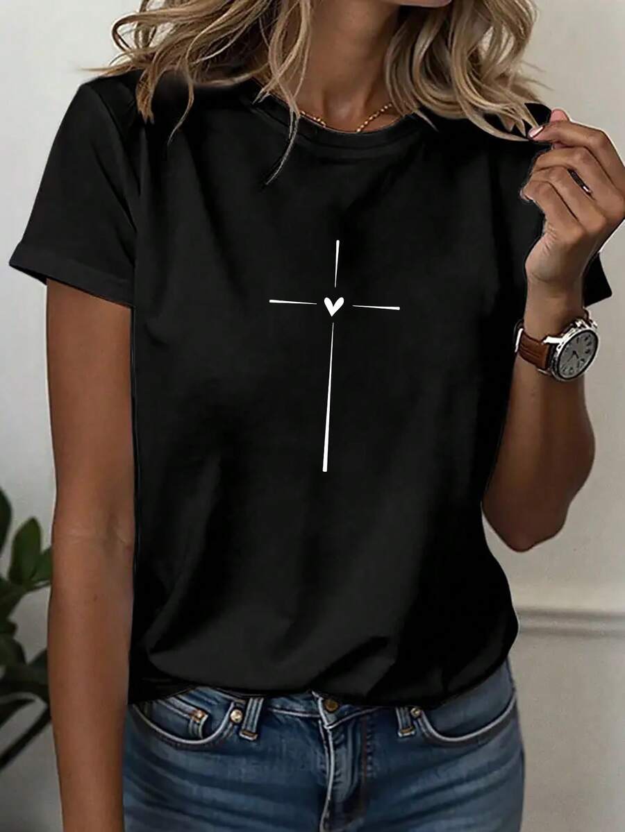 Women's & Men's Casual Sports T-Shirt, Round Neck T-Shirt, Simple Artistic T-Shirt With Cross And Heart Design, Artistic Aesthetic For Women's Daily Wear, Comfortable For All Seasons, Short Sleeve Top - 黑色 - 查看 1
