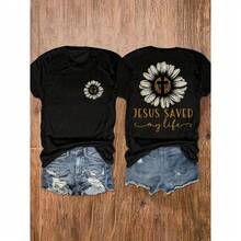 Camiseta de algodón de manga corta para mujer con estampado gráfico "Jesús salvó mi vida", girasol, cruz, fe. Camiseta casual de verano, suave, transpirable, regalo inspirador cristiano. - Blanco - Ver 2