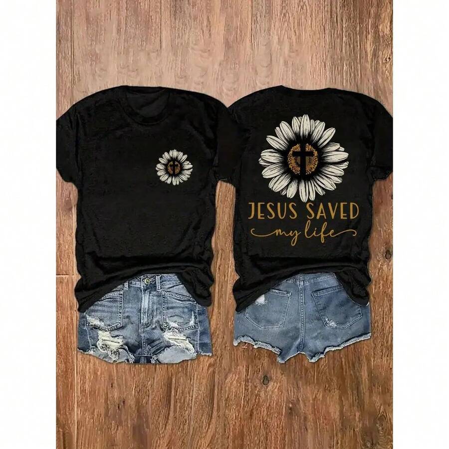 Camiseta de algodón de manga corta para mujer con estampado gráfico "Jesús salvó mi vida", girasol, cruz, fe. Camiseta casual de verano, suave, transpirable, regalo inspirador cristiano. - Negro - Ver 1