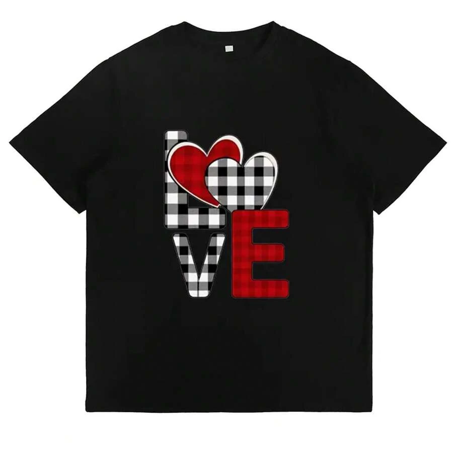 Plaid Heart Print T-Shirt, And Cute Women's Shirts, Casual Daily Wear, Soft And Comfortable, Summer T-Shirts, Valentine's Day Gifts, Printed Tops - 黑色 - 查看 1