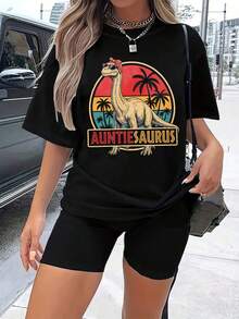 1 Unisex 180g T-Shirt, Round Neck, Loose Fit, With Retro Print Of Dinosaurs And Sunset Palm Trees, Y2K Style Inspired By And, 100% Cotton, Versatile For Summer, Festivals And Streetwear. - 黑色 - 查看 6