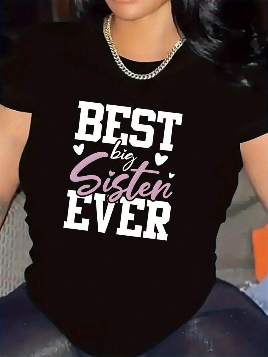 Camiseta de diseño sencillo "La Mejor Hermana del Mundo", adecuada para el hogar y la sala de estar, cuello redondo duradero y cómodo, estampado ligero y transpirable, estilo maduro, ideal para reuniones familiares y uso diario, ligeramente elástica, apta para todas las estaciones, regalo perfecto. Elegante y Práctica para el Verano. - Negro - Ver 1