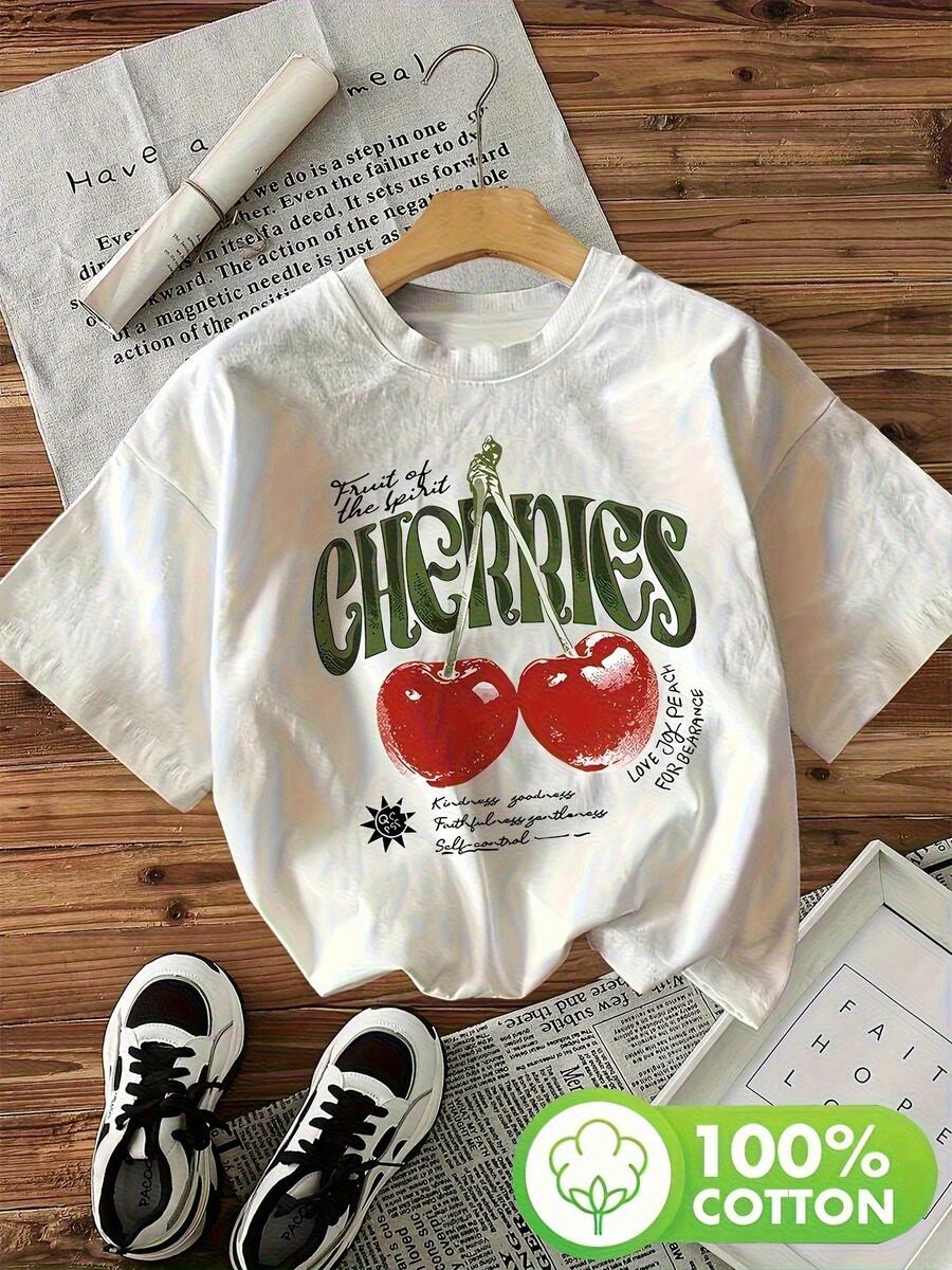 1 camiseta de mujer blanca con estampado de cerezas - suave y transpirable, 100% holgada, de cuello redondo y manga corta, diseño de cerezas rojas y hojas, camisa casual holgada para uso diario, adecuada para primavera, verano y otoño, camiseta linda para mujer (lavable a máquina) 180g Algodón 100%. - Blanco - Ver 1