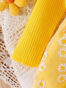 Young Girl Bowknot Decor Ribbed Patchwork Floral Print Mesh Long Sleeve Dress With Hair Scrunchie - Yellow - View 5