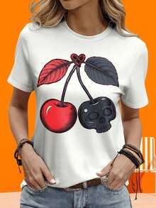 Women's Cotton T-Shirts, Two-Tone Short-Sleeved T-Shirt In Black And White For Women, 220g, Skull And Cherry Design, Graphic T-Shirt, Fashion Top, Casual Wear, For Leisure, Outdoor Activities, Holidays, Parties, Gift. - 白色 - 查看 1