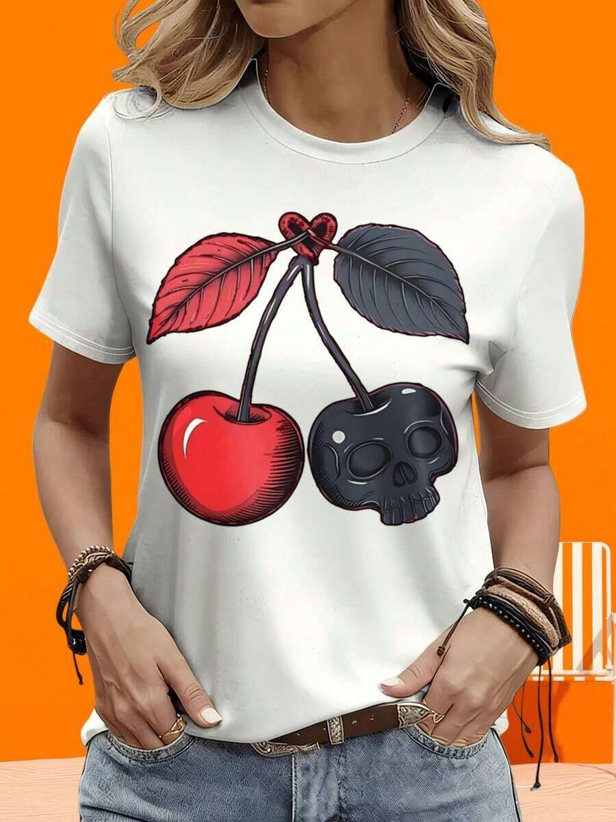 Women's Cotton T-Shirts, Two-Tone Short-Sleeved T-Shirt In Black And White For Women, 220g, Skull And Cherry Design, Graphic T-Shirt, Fashion Top, Casual Wear, For Leisure, Outdoor Activities, Holidays, Parties, Gift. - 白色 - 查看 1