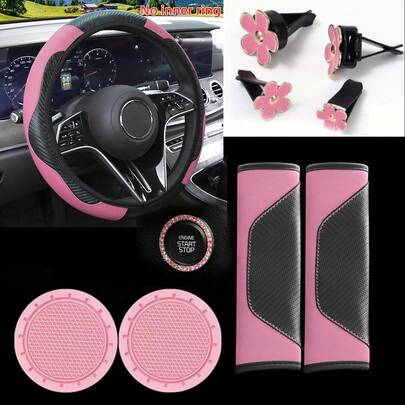 10 piezas Conjunto de accesorios para el interior del automóvil - Funda para volante - Almohadillas para el hombro del cinturón de - Clip de flor de margarita para la rejilla de ventilación - Posavasos para portavasos - Anillo decorativo para botón de arranque - Diseño de moda - Se adapta a todos los modelos de automóviles