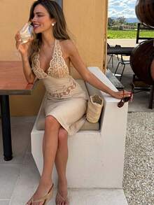 Vestido halter escote en V profundo espalda descubierta encaje combinado estilo sensual - Albaricoque - Ver 5