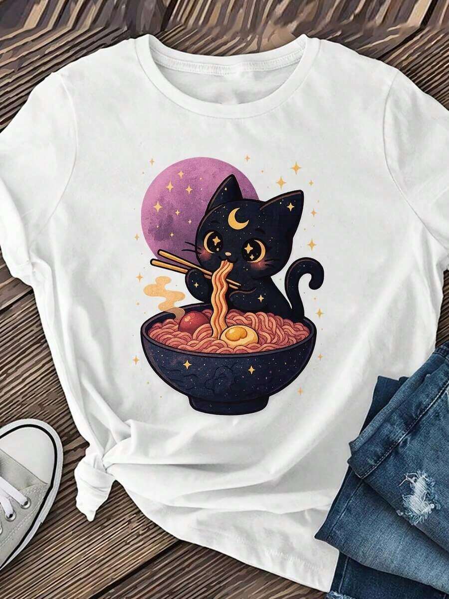 Camiseta 100% algodón con estampado de pato, camiseta casual de manga corta, camiseta estampada con cuello redondo, tela transpirable, adecuada para primavera, verano y otoño. - Blanco - Ver 1