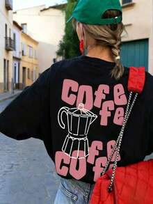 Nueva Camiseta de Verano Simple y a la Moda con Estampado de Gesto de Mano con Taza de Café, Cuello Redondo y Manga Corta, Estilo Casual, Versátil y a la Moda para Mujer - Negro - Ver 1