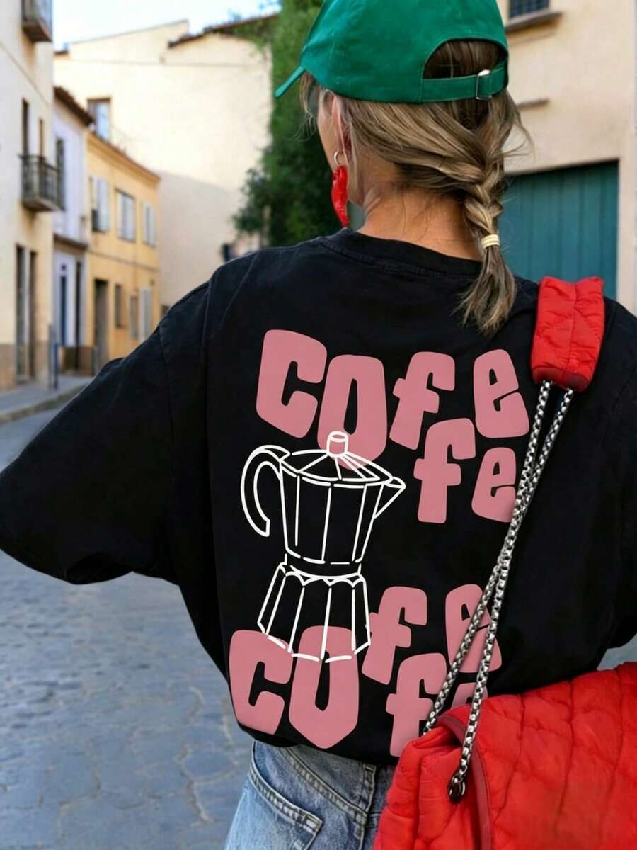 Nueva Camiseta de Verano Simple y a la Moda con Estampado de Gesto de Mano con Taza de Café, Cuello Redondo y Manga Corta, Estilo Casual, Versátil y a la Moda para Mujer - Negro - Ver 1