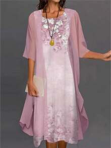 Women's Lilac Floral Print Dress, Two-Piece Set With A Sheer Cardigan Featuring Three-Quarter Sleeves, Round Neck, Loose-Fitting, Flowing Silhouette In Lightweight Fabric Ideal For Spring And Summer, Elegant Boho Style Perfect For Casual Events, Family Gatherings And Vacations - 粉色 - 查看 2