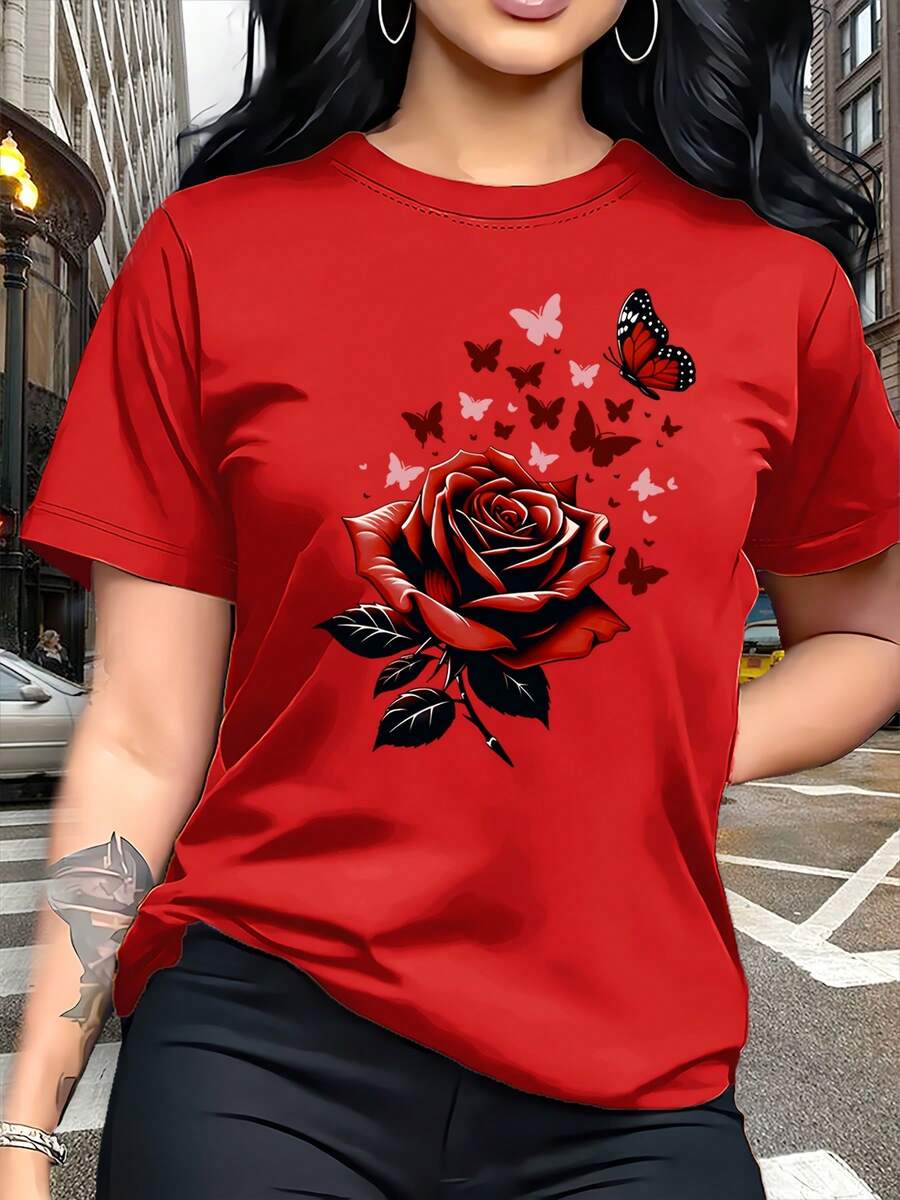 [Circle] Camiseta Casual para Mujer, Camiseta con Estampado Único de Mariposas - Elemento Rosa, Regalo, Top Casual de Cuello Redondo - Transpirable, Ligera, Cómoda, Adecuada para Armarios de Primavera y Verano. W74O - Rojo - Ver 1