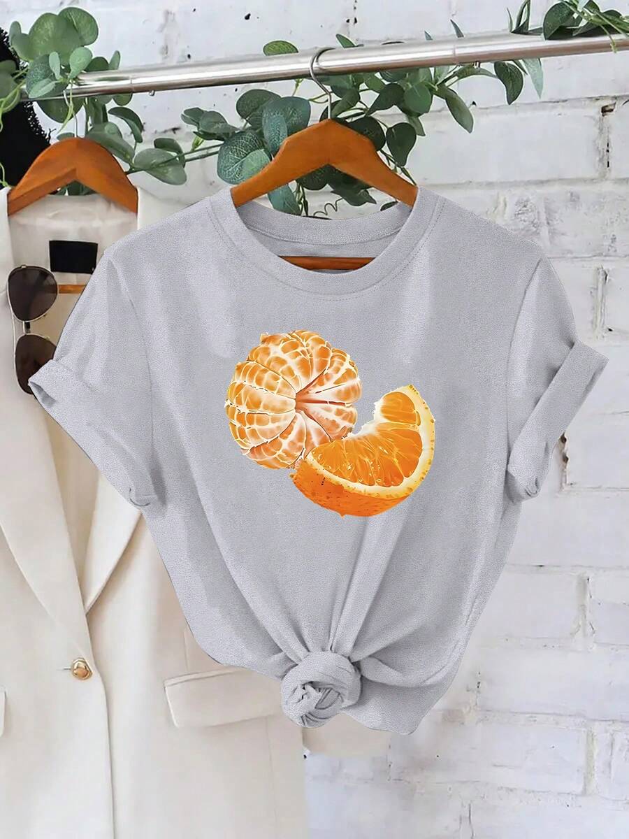 Talla Grande, Novedad de Verano, Camiseta Casual de Moda para Mujer con Estampado de Rodaja de Naranja y Pulpa, Ropa Elegante para Mujer - Gris Claro - Ver 1