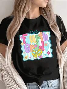 Short-Sleeved T-Shirt With Colorful Print, Suitable For Fourth Grade Students, Ideal For Casual Or Leisure Use, With An Artistic Style In Bright Pastel Colors. - 黑色 - 查看 6