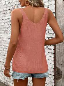 Parte superior de punto sin mangas de diseño hueco de unicolor para mujer, conjunto casual de ropa de punto informal, parte superior de cubierta de estilo bohemio para mujer, atuendo de verano bohemio chic para mujer - Naranja - Ver 2