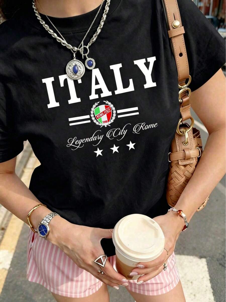 Italien Rom Stadt Grafik T-Shirt, klassischer Campus Stil Muster T-Shirt, italienische Flagge Lässig Kurzarm, Reise Lässig Oberteil