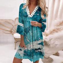 Vestido de mujer colorido con estampado boho, escote en V con volantes, mangas largas elásticas, corte holgado cómodo ideal para primavera y verano, estilo hippie casual perfecto para fiestas, vacaciones en la playa y eventos al aire libre - lago azul - Ver 6