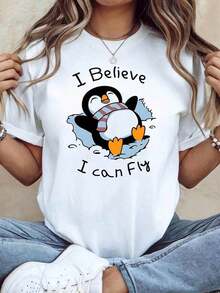 Camiseta con estampado gráfico inspirador 'IBelieveICanFlyPenguinScarf', para mujer, primavera-verano, manga corta, cuello redondo, casual, para uso diario, ocio, regalo de vacaciones, camiseta casual de manga corta para mujer, talla estándar, camiseta básica. - Blanco - Ver 7