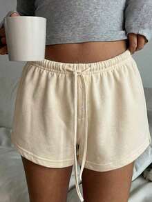 Shorts de punto grises para mujer, de color sólido, con cintura ajustable y botones frontales. - Albaricoque - Ver 3