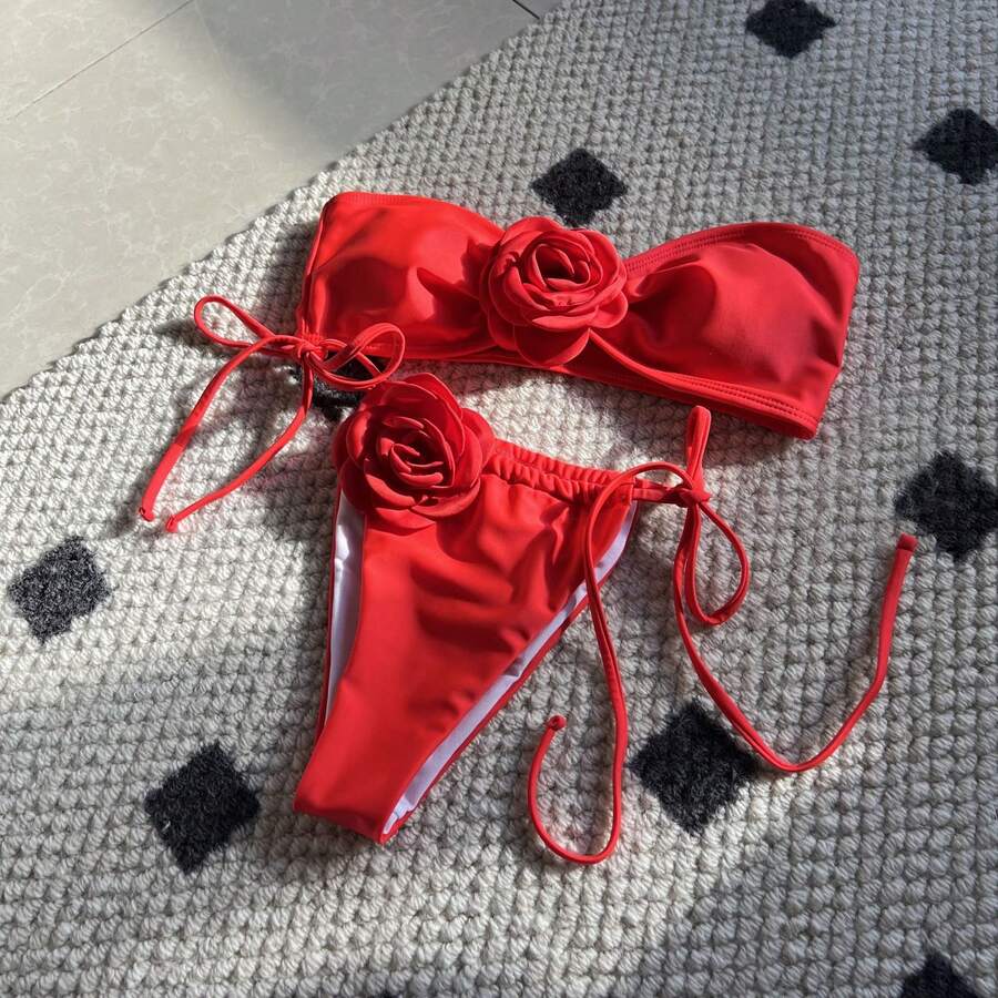 Nuevo bikini de color sólido rosa sin tirantes con cordón ajustable bikini9150 - Rojo - Ver 1