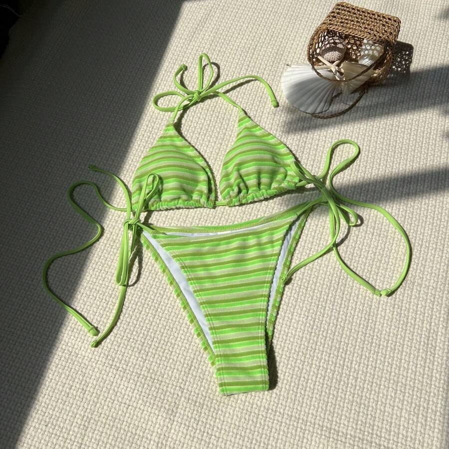 New Two-Piece Bikini In Striped Fabric, Cool And Sexy. - Hijau - View 1