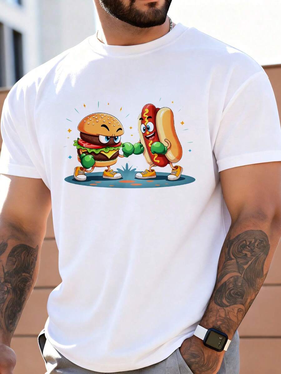 Camiseta de Hombre con Diseño de Batalla de Comida de Dibujos Animados, Patrón de Boxeo de Hamburguesas y Perritos Calientes, Ropa Casual de Verano, Regalo para Amantes de la Comida - Blanco - Ver 1