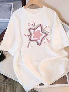 Camiseta Holgada Sencilla Mujer Estilo Moderno Camiseta de Verano de Corte Holgado y Cuello Redondo para Mujer, Cómoda y Casual, Perfecta para un Uso Diario Juvenil y Vibrante Camiseta Mujer Estampado Gráfico  Verano 2026 - Blanco - Ver 6