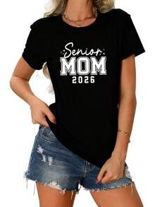 Camisetas de manga corta para mujer, cuello redondo, 100% algodón, camiseta de manga corta con cuello redondo, para mamá embarazada, estampado "Esperante Mamá 2026". - Negro - Ver 1