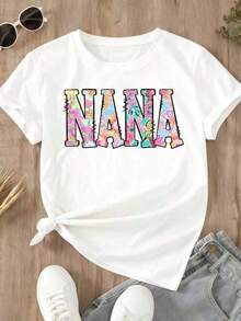1 pieza de camiseta de cuello redondo de talla, camiseta blanca con estampado floral Nana para mujer, ropa casual de verano - Estilo vintage urbano, camiseta unisex de algodón suelto de manga corta y cuello redondo. - Blanco - Ver 2