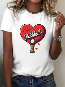Camiseta con Diseño de Corazón de Pickleball, Manga Corta y Cuello Redondo, Top Casual para Verano y Primavera, Ropa de Mujer - Negro - Ver 6