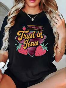 Ropa de Fe Cristiana para Mujer - Camiseta con Estampado de Fresas "Fe en Jesús", Top Holgado de Algodón Suave y Transpirable, Adecuada para Uso Casual en la Iglesia, Camiseta Blanca Lavable a Máquina, Camiseta con Diseño Divertido para Mujer - Negro - Ver 1