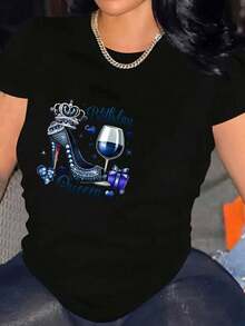 Soft 100% Cotton Women's "Birthday Queen" Print T-Shirt - Casual Black Short-Sleeve Crew Neck Tee With High Heel, Wine Glass, Crown, And Heart Design - Breathable Vintage-Inspired T-Shirt For Spring/Autumn, Machine Washable, Perfect For Fall Wear. Comfortable And Fun Printed Tees. Breathable Cotton T-Shirt, Goes With Everything. - 黑色 - 查看 6