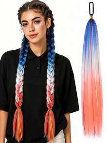 26 Inch Hair Tinsel Colored Ponytail Extension, 2 Packs Ombre Jumbo Braided Ponytail Hair Extensions Ponytail With Elastic Tie, Yaki Straight Sleek Wrap Around Braid Ponytail Natural Soft Synthetic Straight Hair For Women Party Hairpiece Accessories - Multicolor - View 5
